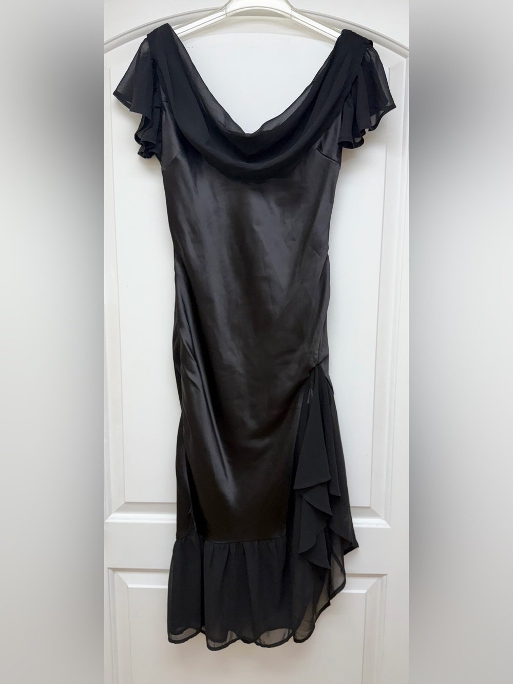 203: Lulu's Black Satin Cowl Neck Asymmetrical Ruffle Dress - Small